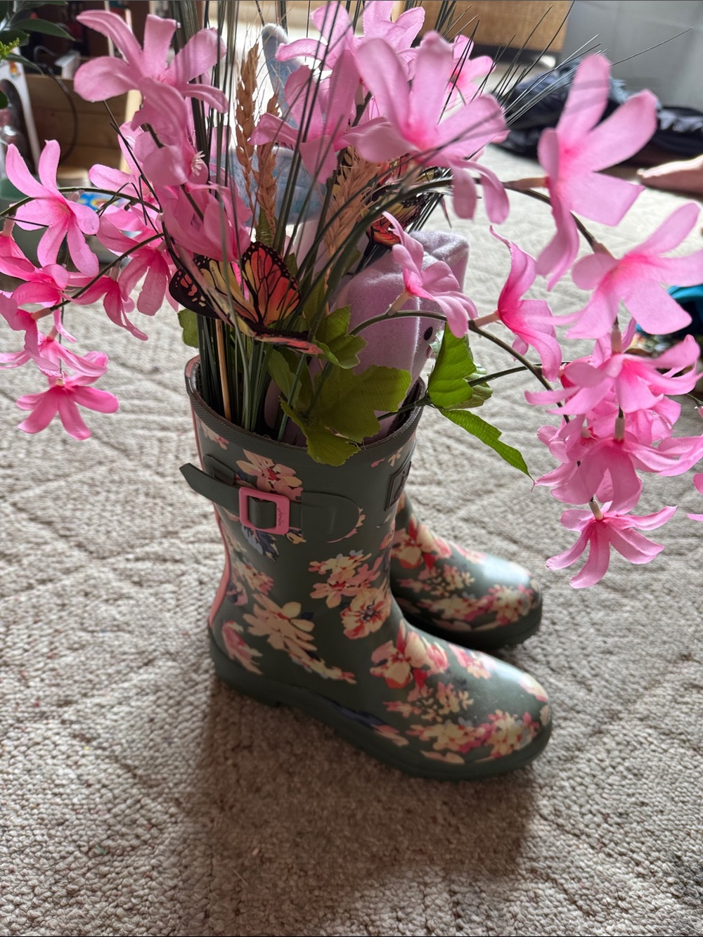 Green Floral Rain Boots with Pink Flowers
